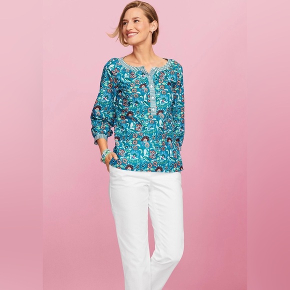 Talbots band collar popover top Jacobean floral size large - Picture 1 of 6